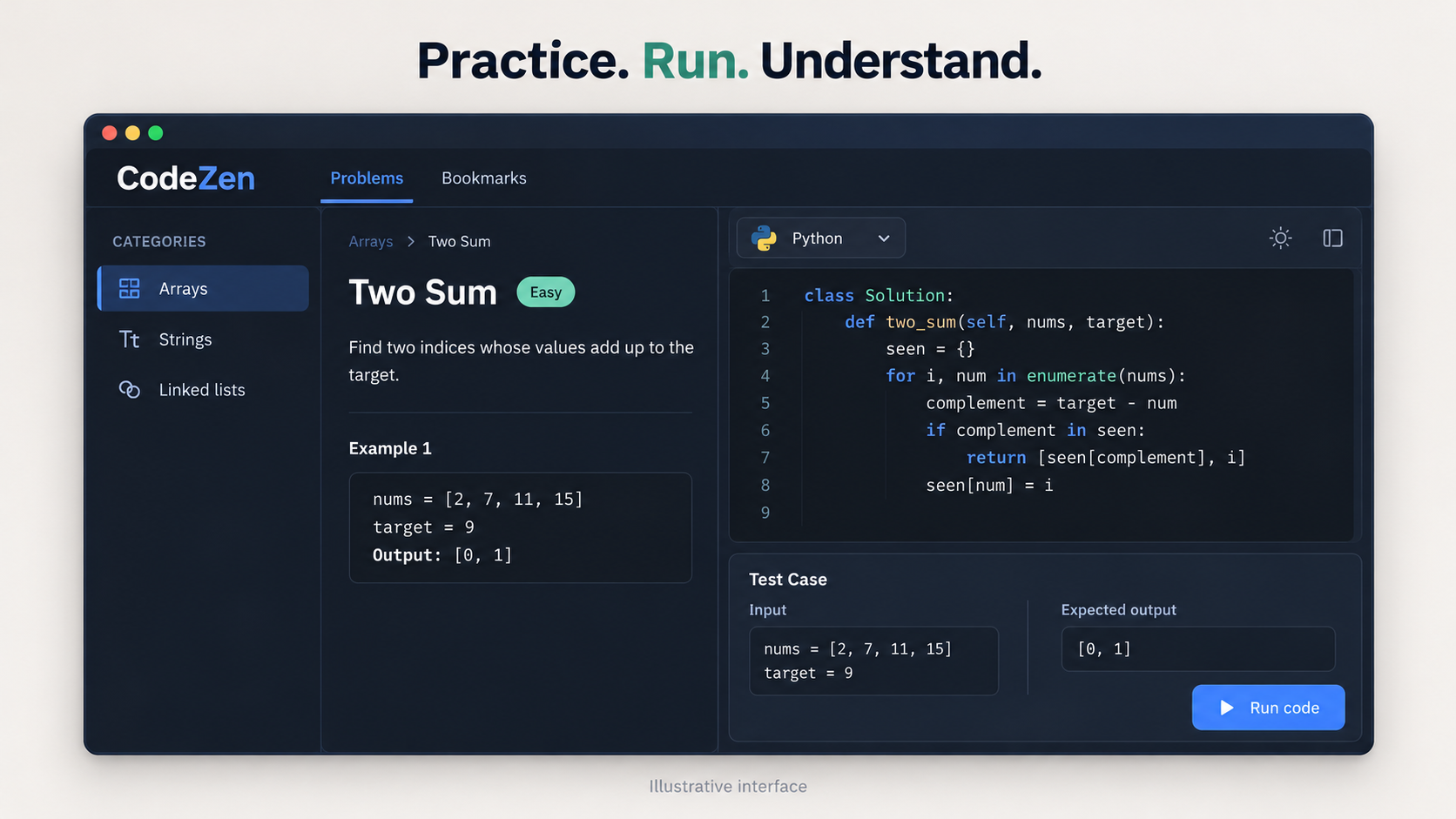 Illustrative CodeZen coding workspace with problem statement, Python editor, and test case